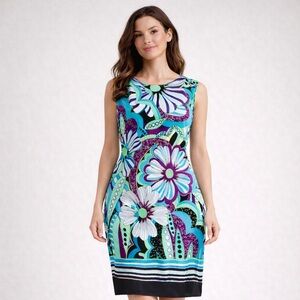 Caché Silk Dress Size 2 Blue Purple Abstract Sleeveless Sheath Knee Length